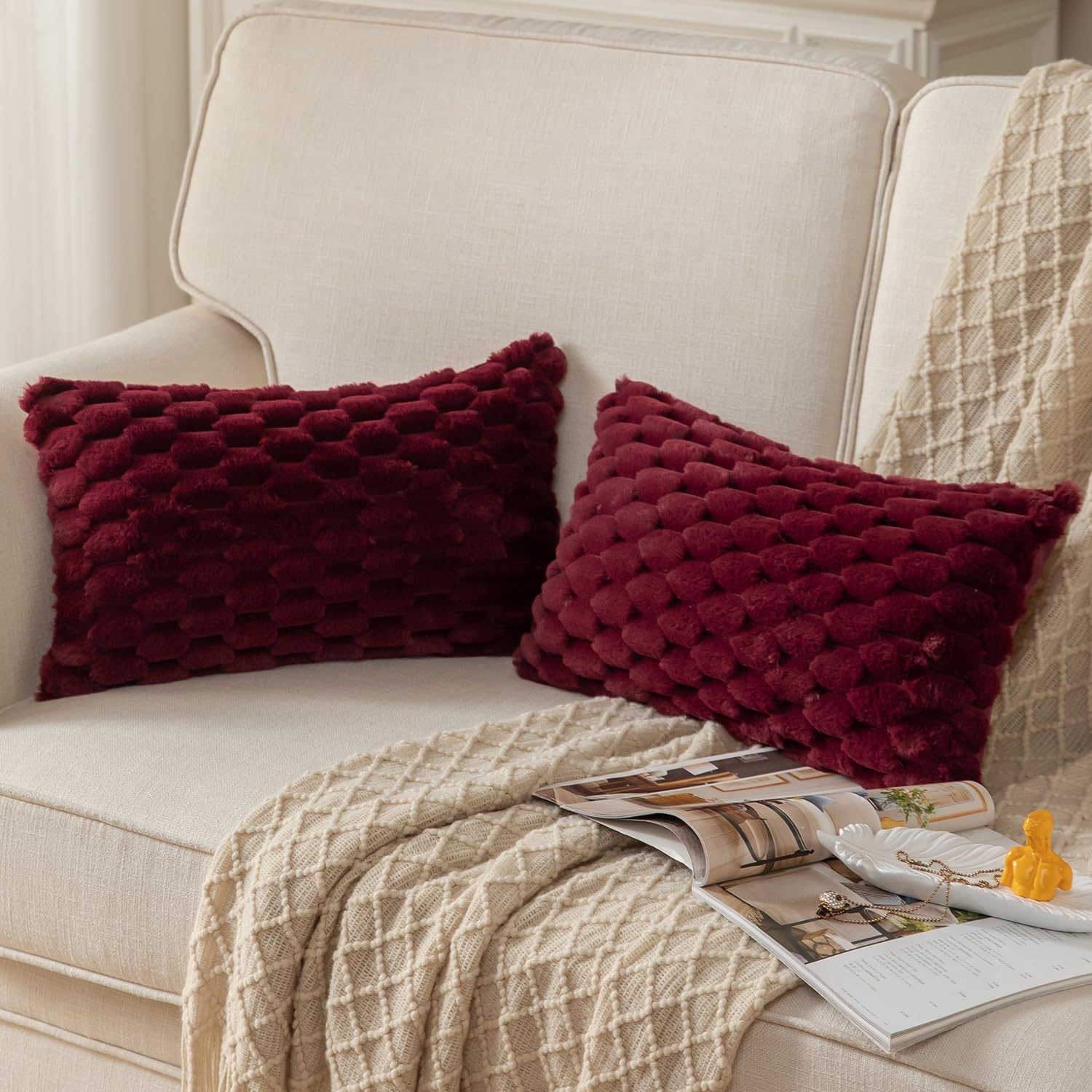 MANDIOO Pack of 2 Burgundy Super Soft Plush Fluffy Decorative Throw Pillow Covers 12x20 inch Faux Fur Wool Velvet Cushion Covers Pillow Cases Couch Sofa Bed Living Room image 2