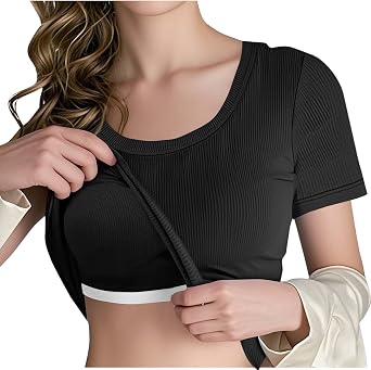 Womens Tops with Built in Bras Scoop Neck Ribbed Knit Fitted Basic Tee Shirts 2025 Casual Summer Short Sleeve Shirts
