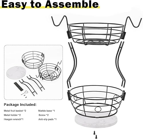 Miniatura 9 de Winmien Frutero de 2 niveles, lujosa cesta de frutas y verduras, cesta de alambre de metal grueso de gran capacidad con 2 ganchos para plátano,