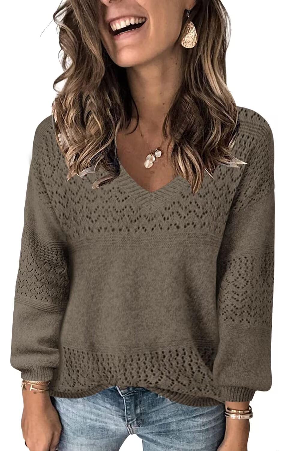 JOCAFIYE Womens Sweaters Casual Long Sleeve V Neck Pullover Sweater Tops