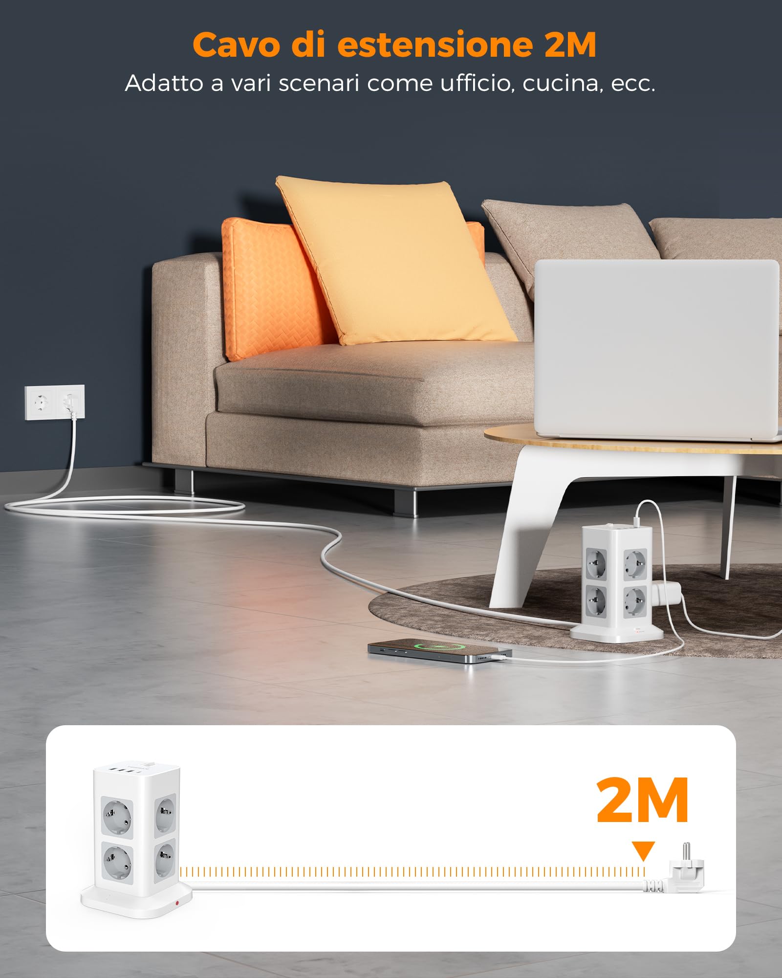 TESSAN Ciabatta Multipresa 8 Schuko con 4 USB, Torretta Multipresa con Interruttore e Prolunga Elettrica 2 Metri, 15W Ricarica rapida per Phone, Pad, Adattatore per Ufficio, Casa, Grigio