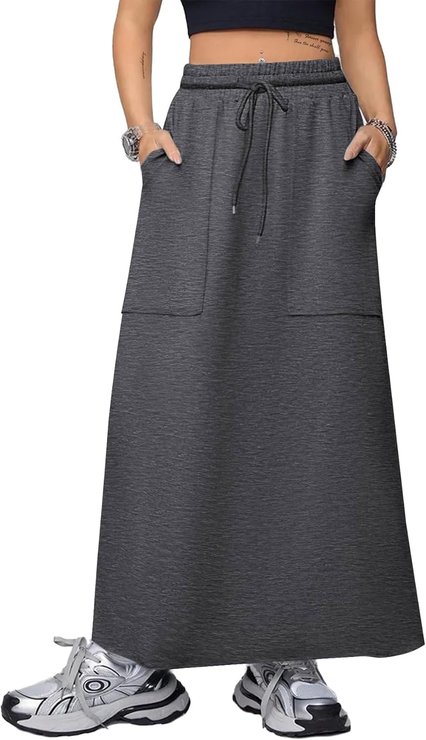 SOFIA'S CHOICE Women's Drawstring Maxi Skirt with Pockets High Waist A Line Long Skirts