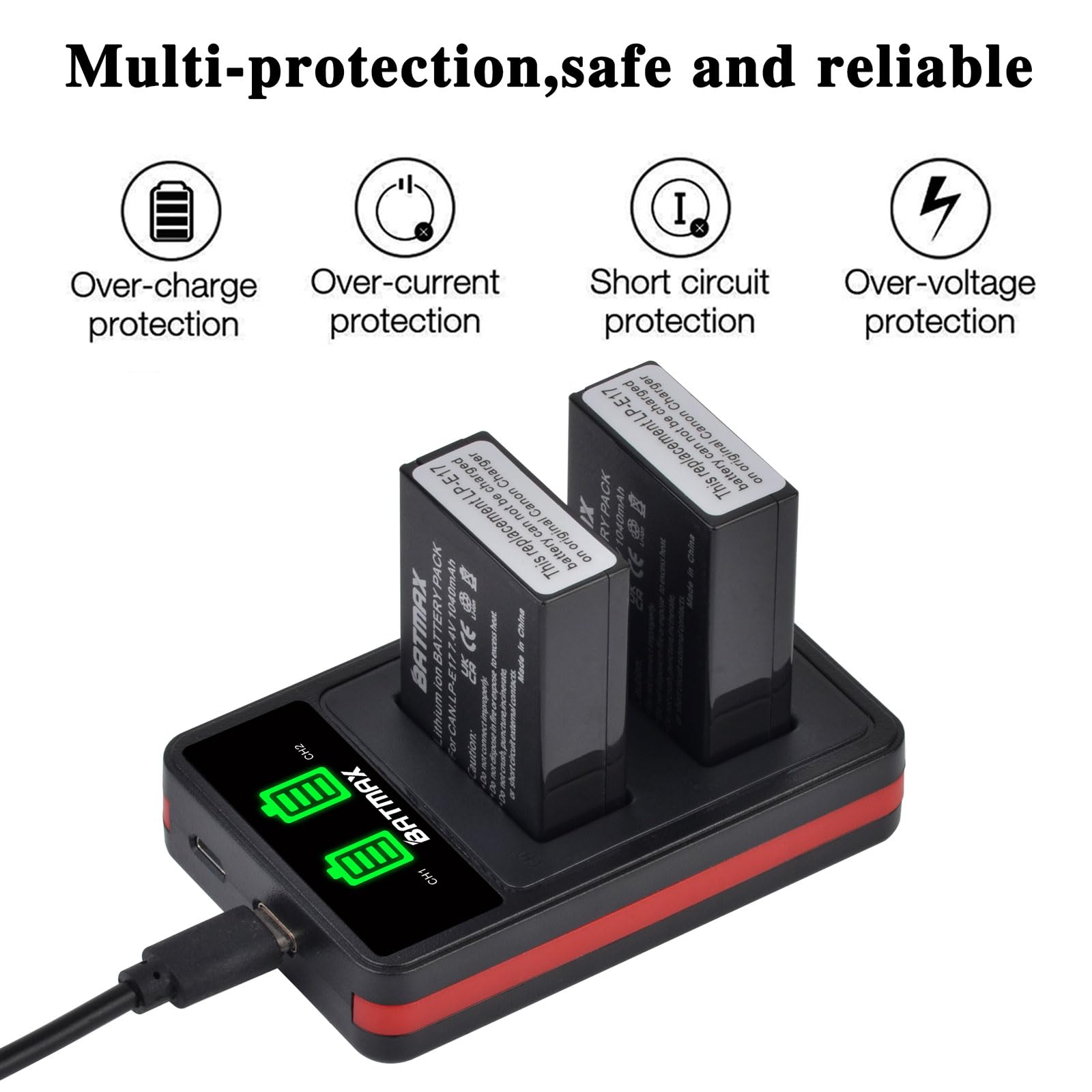 Batmax Rapid LP-E17 LCD Dual USB Cargador de batería para Canon LP-E17; Canon EOS Rebel T6i, Rebel T6s, Rebel T7i, 750D, 760D, 8000D, Kiss X8i, 800D, 77D, 200D, EOS SL2
