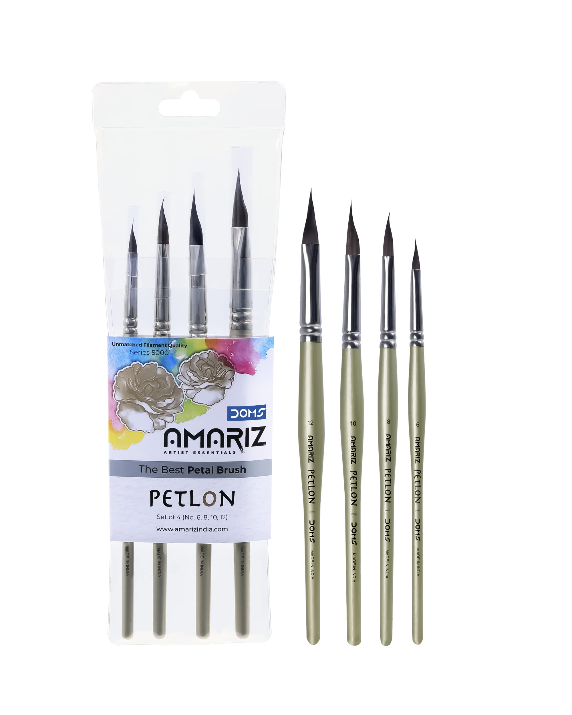 DOMS Amariz Artist Essentials Petlon Petal Paintbrush Set of 4 | Ideal for Students, Professsionals & Hobby Artists | Paint Brush for Watercolor, Acrylic, Gouache | 4 Sizes- 6, 8, 10, 12