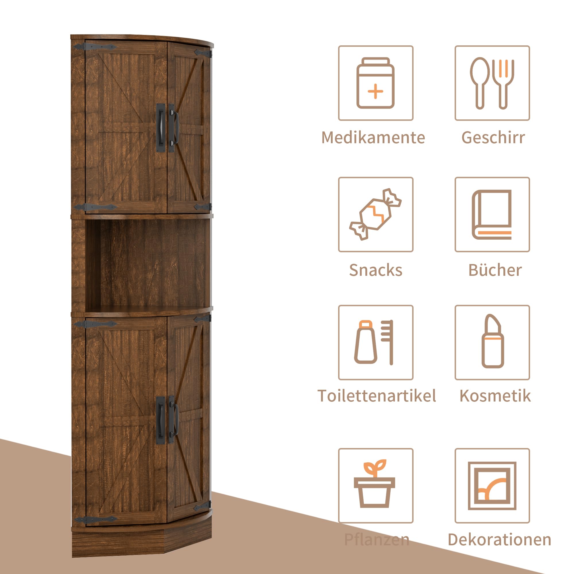 BonVache Eckschrank, Sideboard, Aufbewahrungsschrank, Hochschrank, Mehrzweckschrank für Esszimmer, Wohnzimmer, Büro, 165 x 56 x 41,5 cm, Braun
