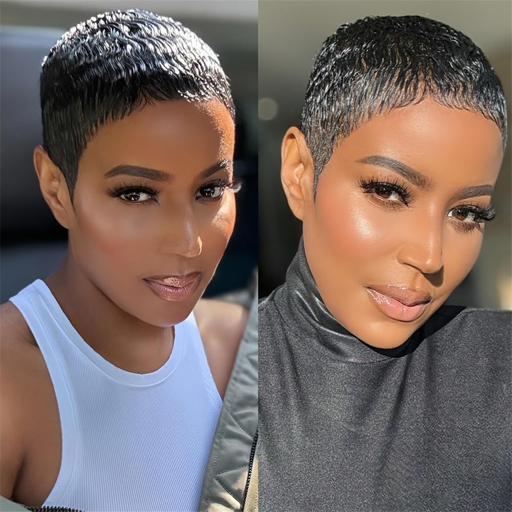 6 Zoll natürliche Schwarze Echthaar-Pixie-Cut-Perücke