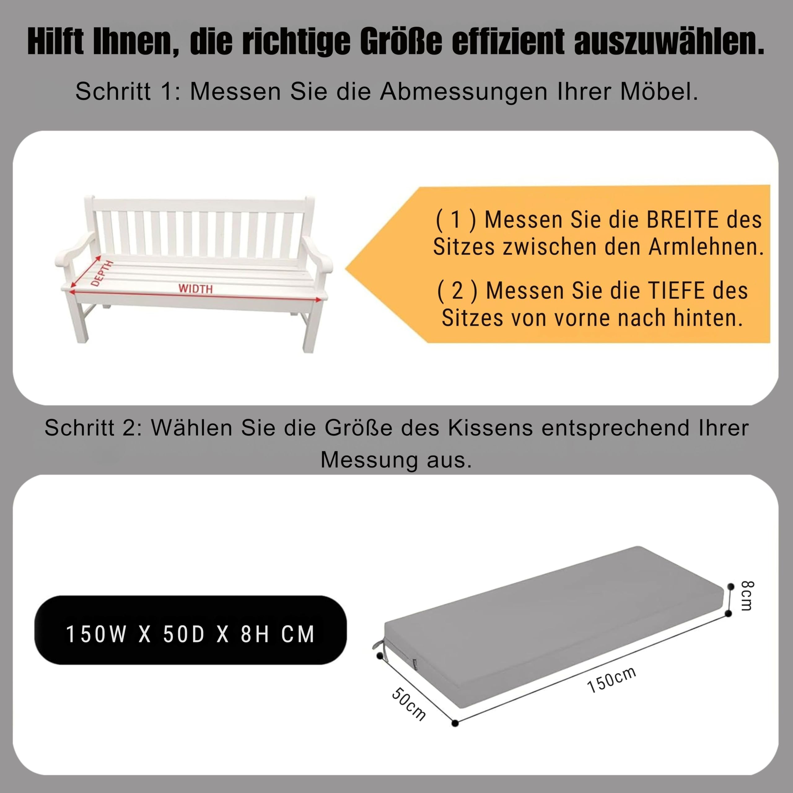 Coussin de banc extérieur, coussin de banc confortable, imperméable, avec rubans, rembourrage épaissi, pour meubles de jardin, 150 x 50 cm, gris clair