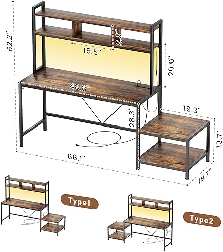 Miniatura 2 de ALLSTAND Escritorio para computadora con soporte de impresora y gabinete, escritorio para juegos de 69 pulgadas con luces LED y tomas de corriente,