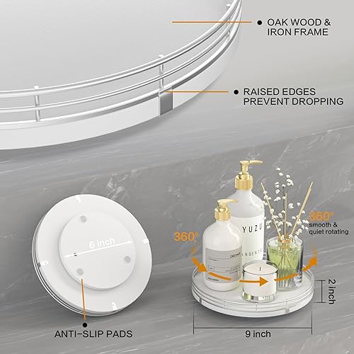 Miniatura 6 de Organizador Lazy Susan de madera de roble de 9 pulgadas, Lazy Susan para gabinete, mesa de comedor, despensa, bandeja organizadora de mesa giratoria