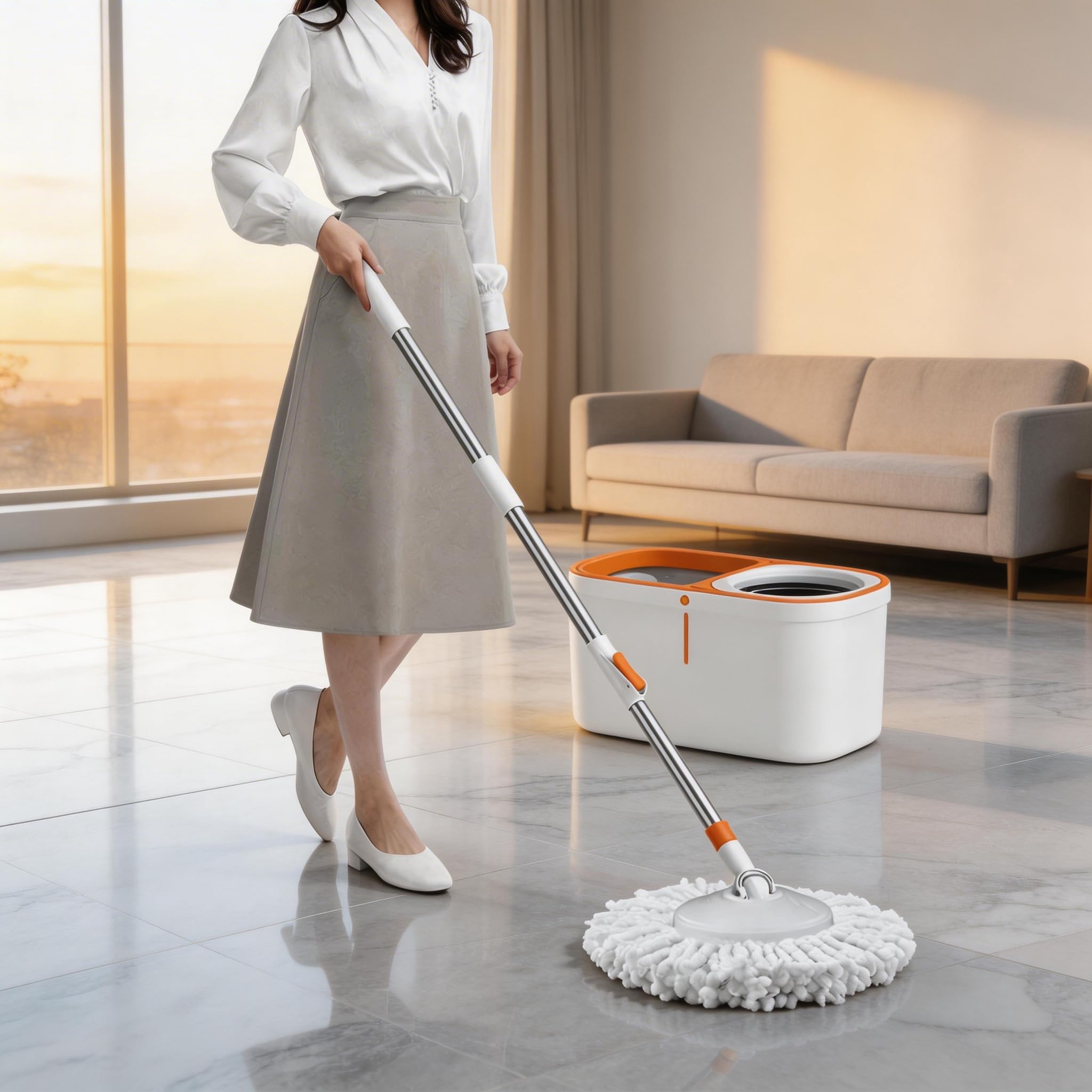 Cubo de fregona Giratorio con Sistema de escurridor, Mango extendido de 61 Pulgadas, fregona y Cubo para Limpieza de Suelos con 5 Cabezales de Repuesto de Repuesto 1 Cabezal de Cepillo de Limpieza