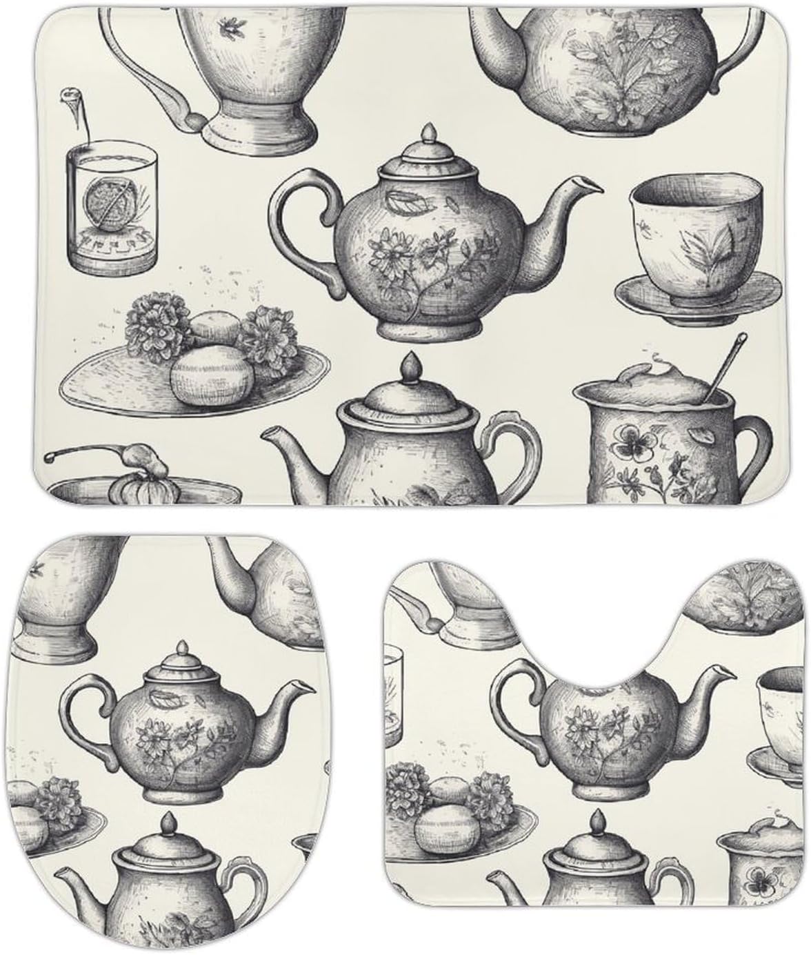 3 Piece Bathroom Rug Set Non-Slip Bath Mat Set Hand Drawn Teapots and Cups Bath Rugs Washable Bath Mat with Toilet Lid Cover Contour Mat Bath Rug for Bathroom Tub