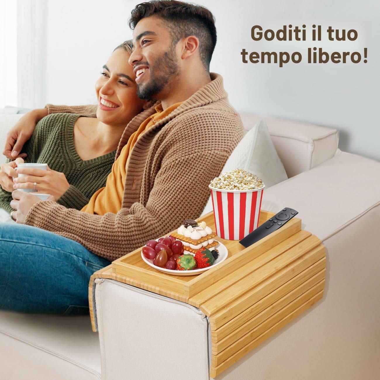 Tavolino da Braccio per Divano, Vassoio da Braccio per Divano in Bambù, Vassoio da Bracciolo per Divano, Vassoio Pieghevole da Tavolo Laterale, per Snack/Telefono/Controllo/Tazze