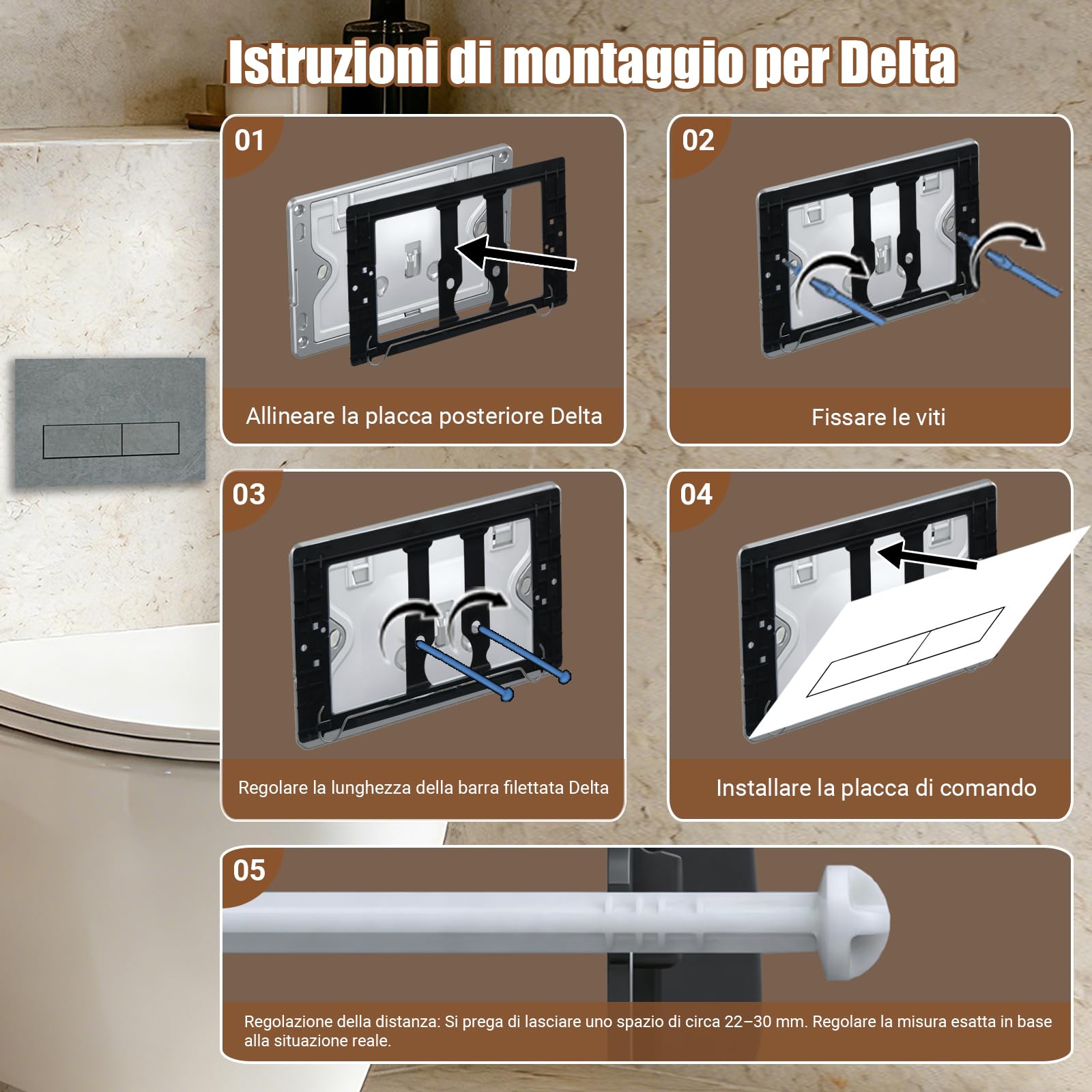 Placca di Comando WC Compatibile con Geberit Duofix Sigma, Delta e Basic, Ricambio con Set di Barre di Spinta e Telaio di Montaggio per UP300 & UP320, 245 x 164 mm(Grigio chiaro-Y8)