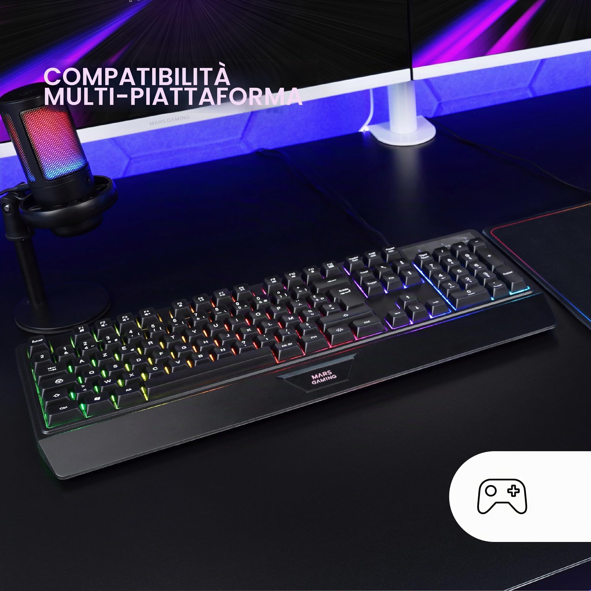 Mars Gaming MK124, Lingua Spagnolo, Tastiera Ergonomica H-Mech Completa, Poggiapolsi Integrato, Illuminazione FRGB Rainbow, Gaming Antighosting, Multiplatforma, Nero