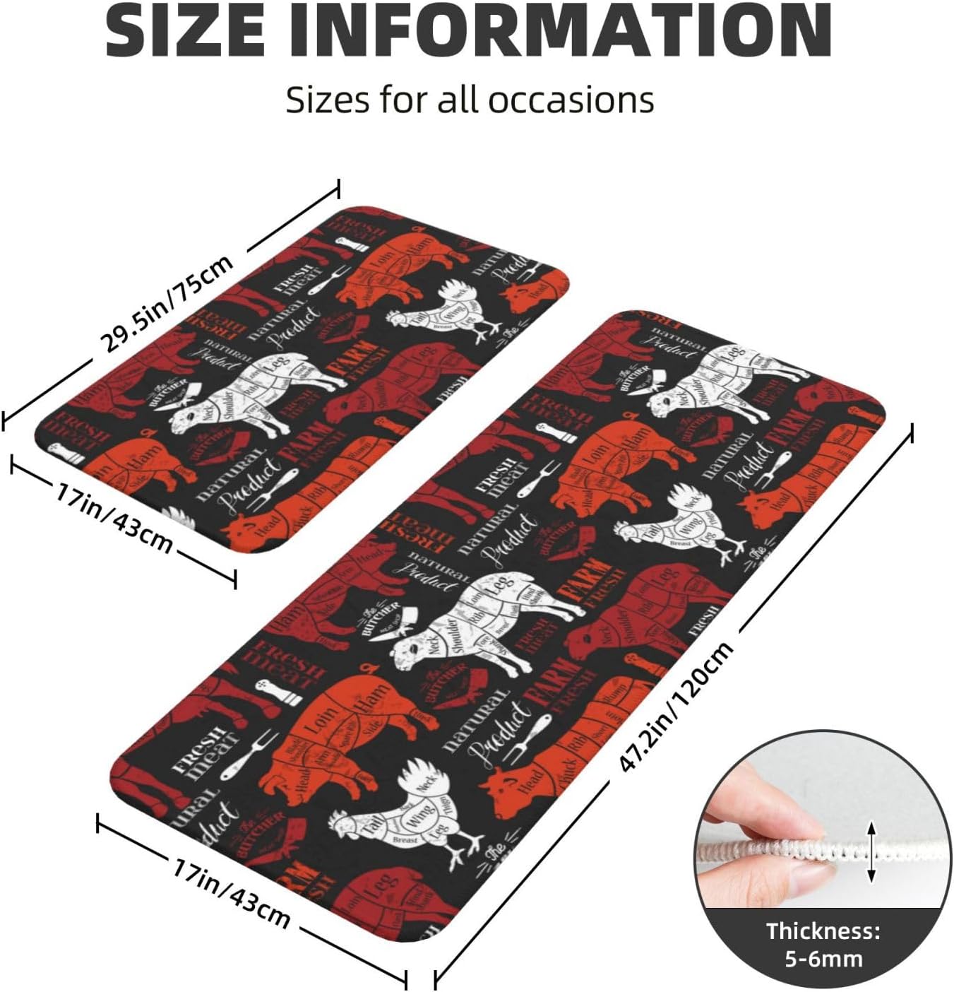 Meat Cuts Diagrams for Butcher Shop Kitchen Mat 2 Piece Set Kitchen Carpet and Running Shoes Set Household and Office Memory Foam Kitchen Carpet