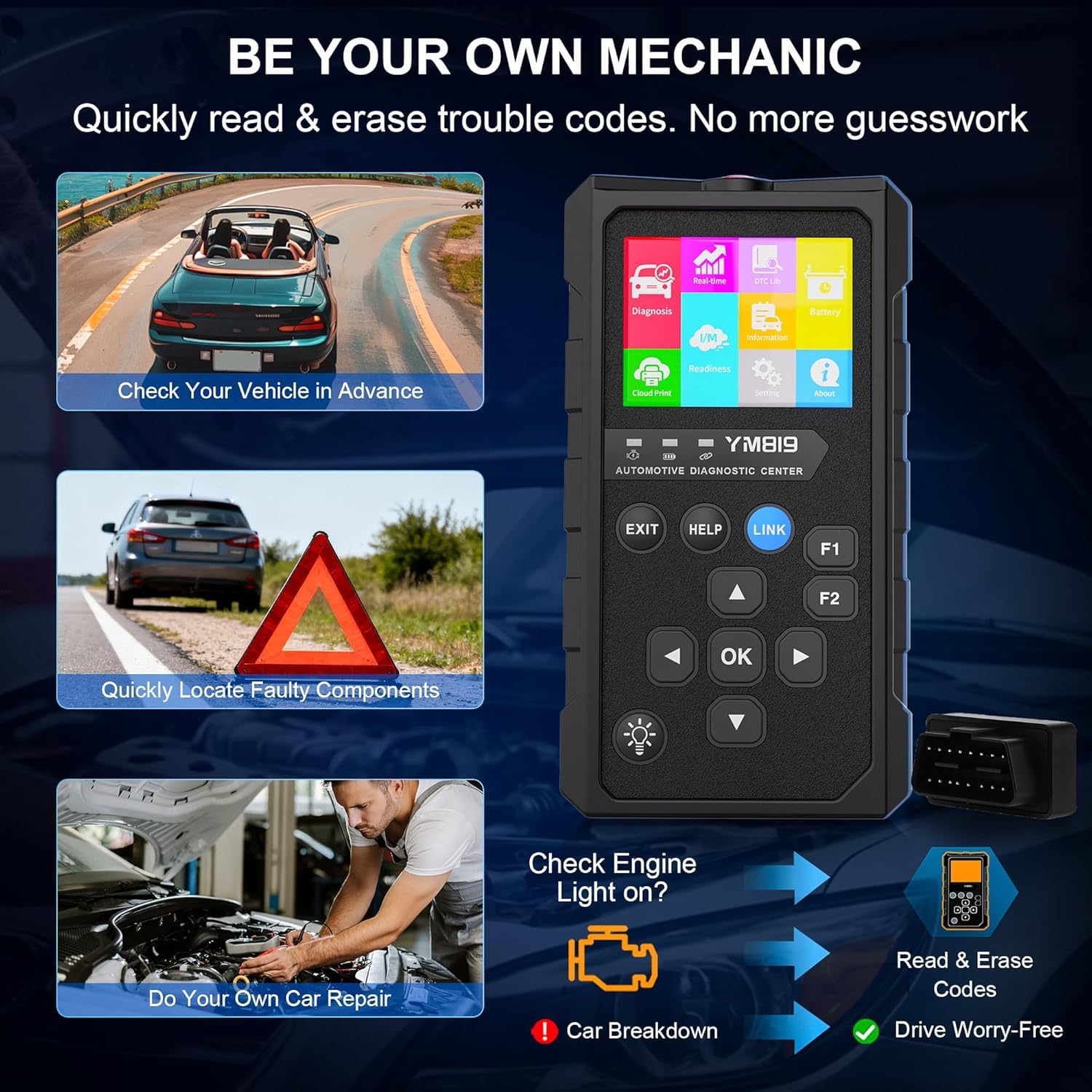 Dispositivo diagnostico OBD2 per tutti i veicoli, lettore auto senza fili con tutte le funzioni OBD2, strumenti diagnostici per auto dopo il 2000 tutte le auto, lettore di errori universale per