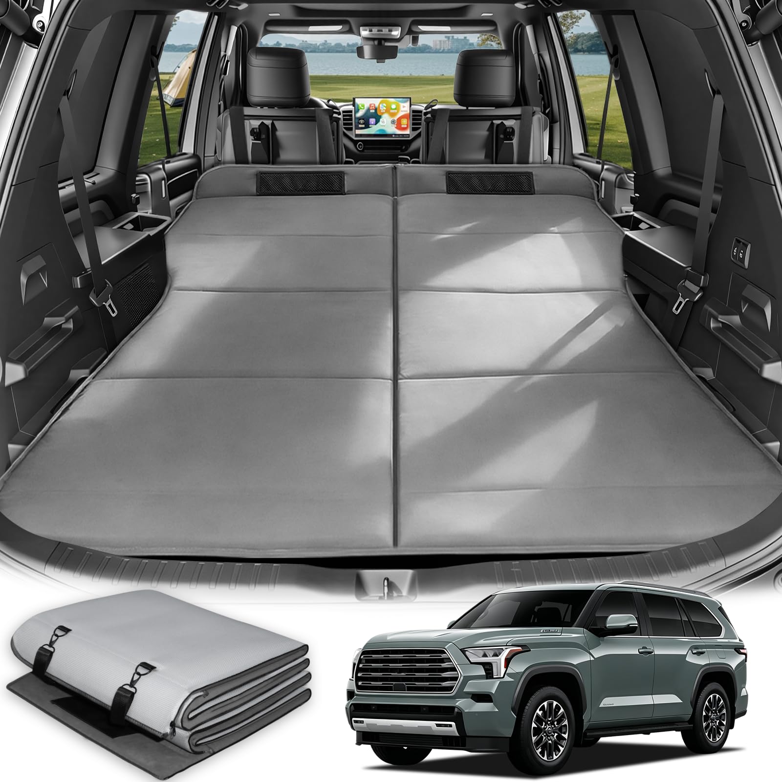 Car Bed for Toyota Sequoia, Foldable Non Inflatable Memory Foam Camping Mattress, Thickened Portable SUV Trunk Sleeping Pad, Air Mattress Upgrade for Family Camping Essentials, Gifts for Car Guys