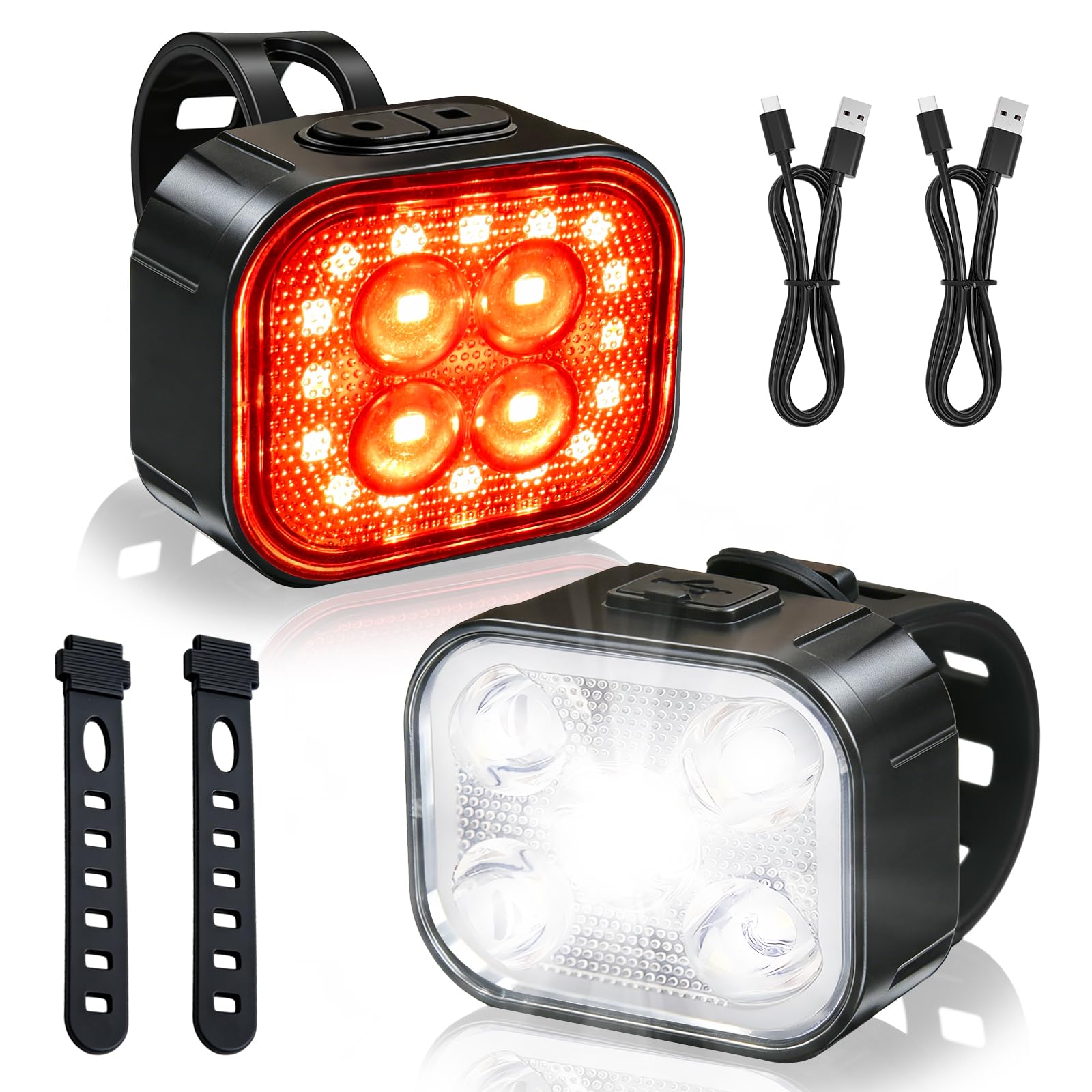 Bike Lights,Bike Lights Front And Back,USB Rechargeable Bike Light Set,Waterproof Design, A total of 18 Lighting Modes For Front And Rear Lights(2 USB cables and 2 Strap Included)