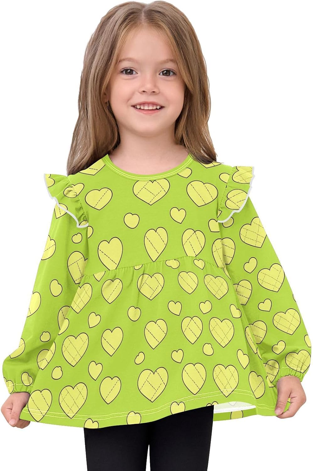 visesunny Toddler Clothes for Girls Dashed Green Heart Pattern Long Sleeve Fall Shirts Cotton Top with Ruffle Collar