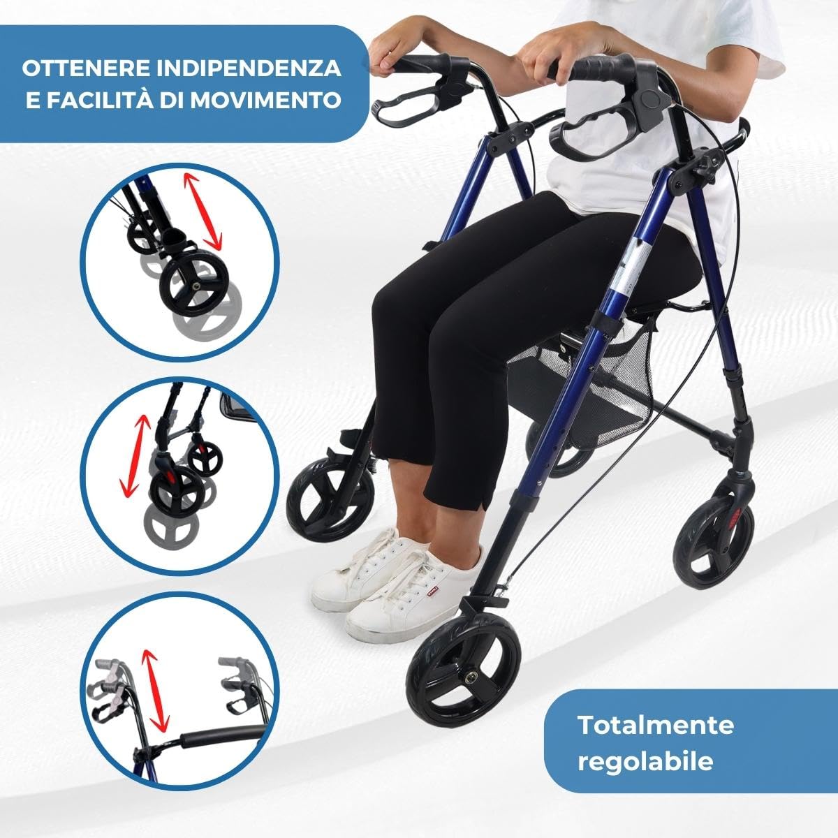 Mobiclinic®, Deambulatore per anziani, Pieghevole, Leggero, Augusto, Alluminio, Con cestino, Regolabile, Gambe e maniglie regolabili, Marchio europeo, Seduta 4 ruote, Adulti o disabili