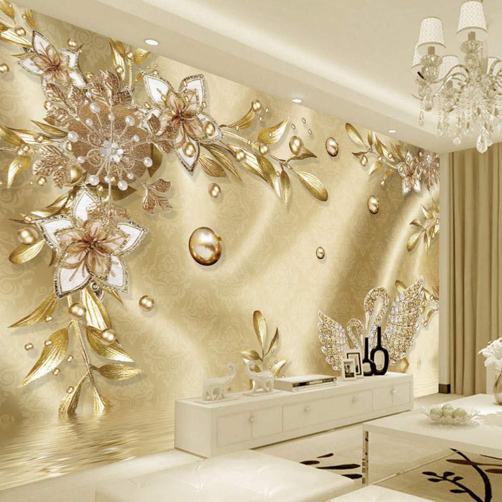 Luxe doré 3D floral bijoux motif fond décoration murale papier peint salon décoration de la maison