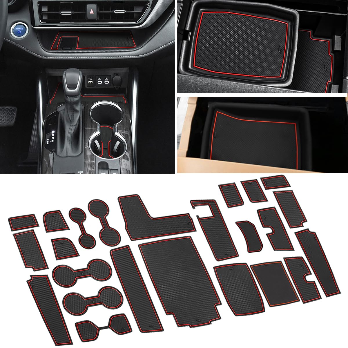 Alfombrillas antipolvo Auovo para Toyota Highlander 2025, 2024, 2023, 2022, 2021 y 2020. Incluye portavasos personalizado, bolsillo para puerta y revestimiento interior para consola central (juego de 24 piezas), color rojo.