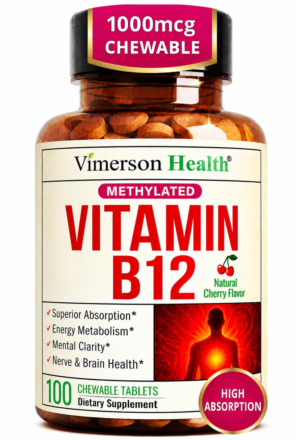 Vitamin B12 1000 mcg – Chewable Methylated B12 (Methylcobalamin B12) for Energy & Metabolism Support – Methylated B Complex for Superior Absorption – 100 Natural Cherry-Flavored Tablets - Vegan