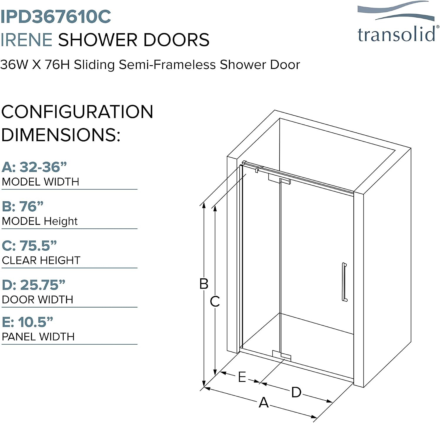 Transolid Irene 36 in. W x 76 in. H Pivot Semi-Frameless Shower Door, 3/8 in. Clear Tempered Glass, Polished Chrome Hardware, Reversible, Fits 32-36 in. Alcove, IPD367610C-R-PC