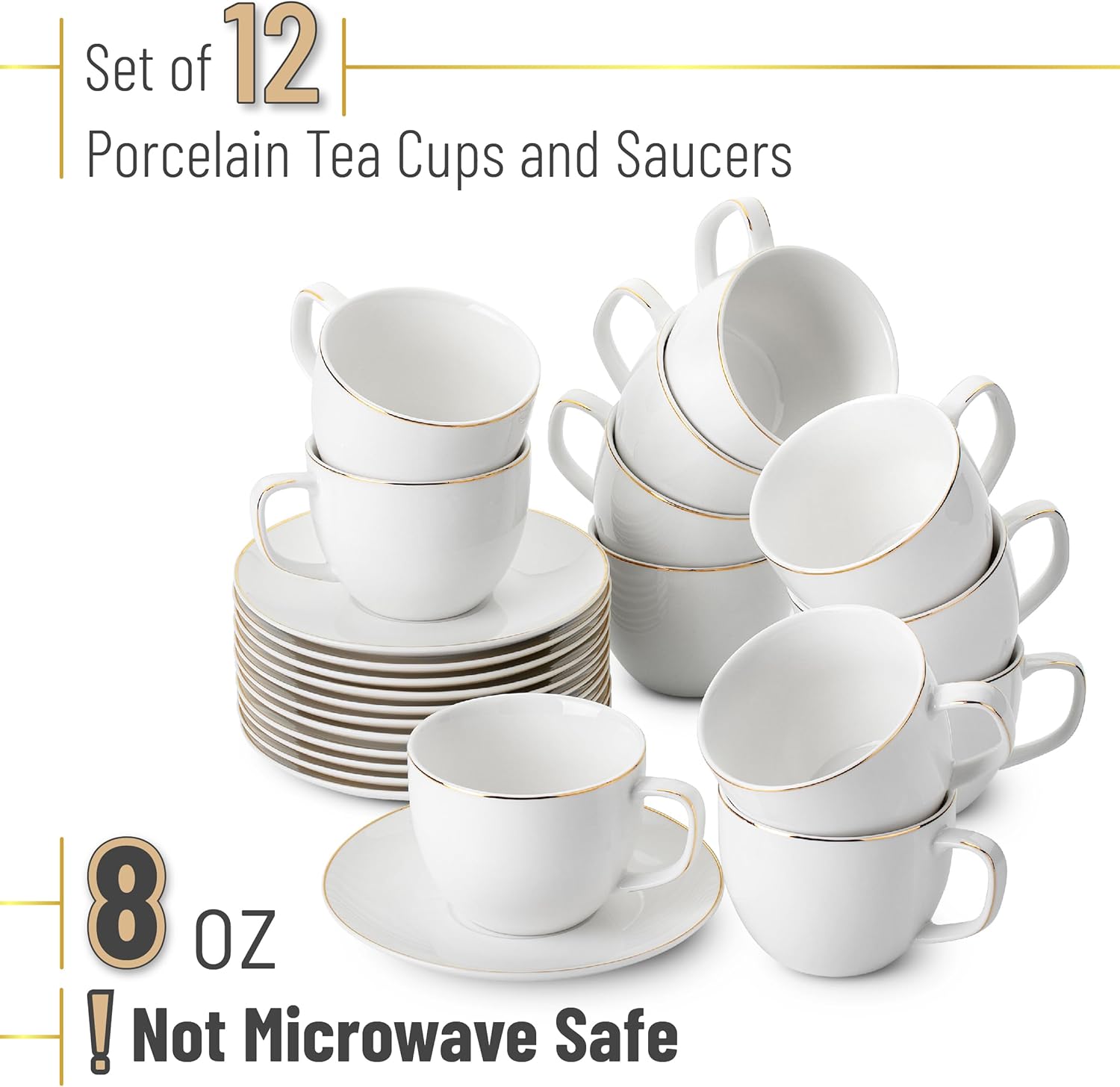 BTaT- Cappuccino Cups with Saucers 8 oz, Set of 12, White Porcelain Coffee Cup and Saucer Set for Latte with Golden Trim Design, Dishwasher Safe, Mocha, Tea, Au Lait, Flat White