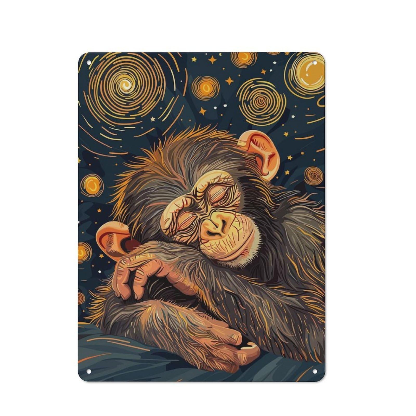 Junmoney Sleeping Chimpanzee In Starry Night Style Metal Wall Sign 40X30cm Featuring For Workshop Wall, For Makers And Diy Enthusiasts