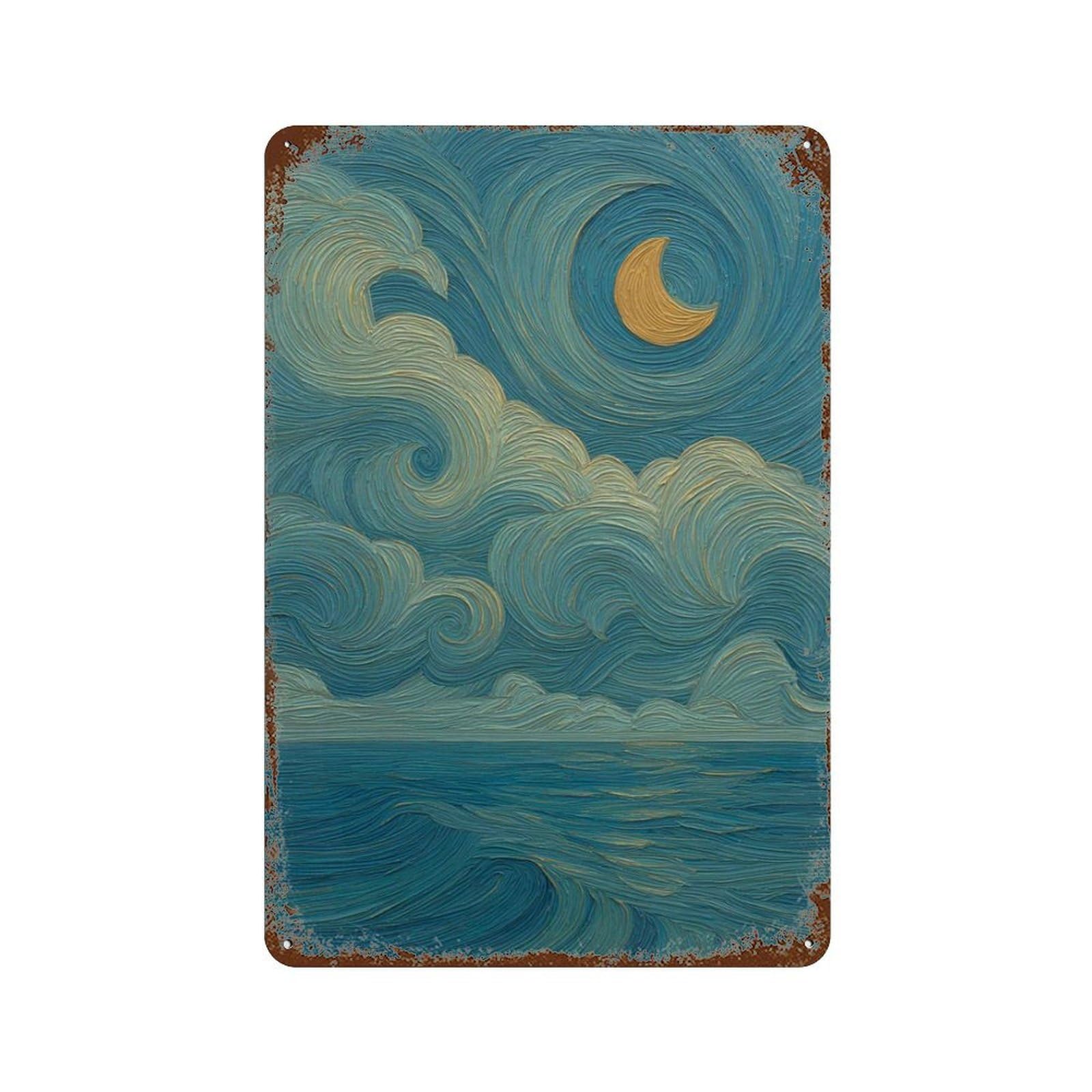 xiaoxiaoshen Moonlit Ocean Starry Night Abstract Sea Painting Modern Coastal Tranquil Blue Wo Wall Decor Art Metal Tin Poster Modern Home Decor Art Home Bar Shop Decorations Vintage Sign 30x20cm
