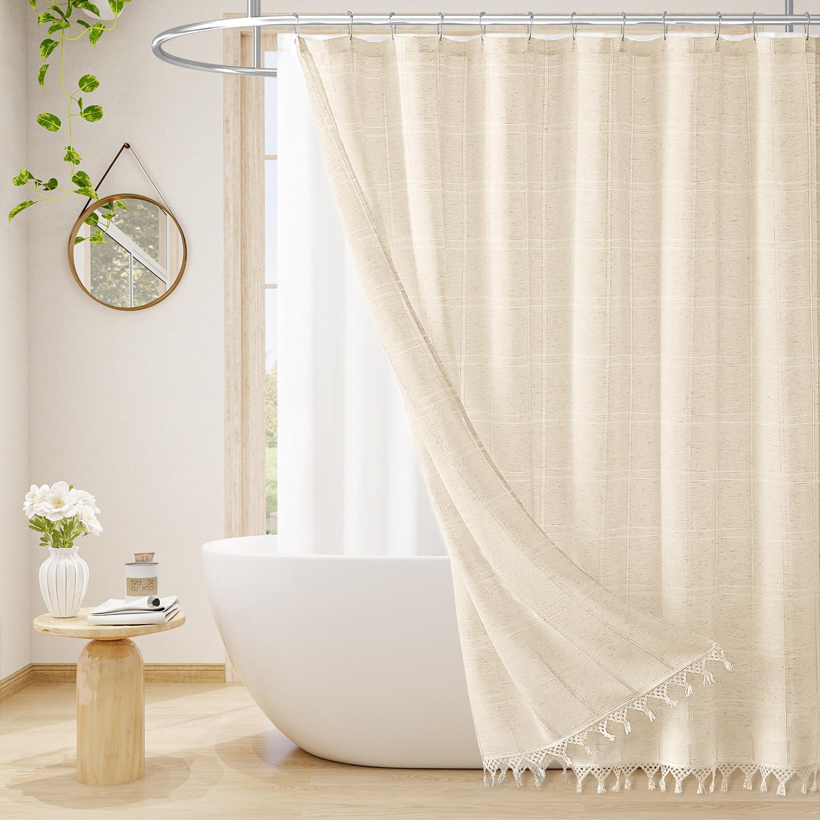 Craidlela Linen Boho Farmhouse Shower Curtain Set with Tassel, Modern Bohemian French Country Chic Bathroom Shower Curtain Set with PEVA Liner, Cotton