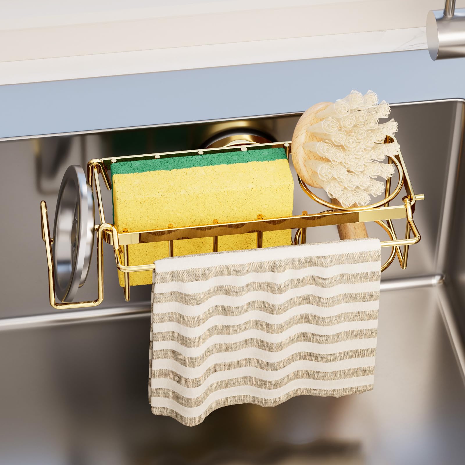 TAILI 4 in 1 Sponge Holder with Suction Cup, Sink Caddy inside kitchen Storage, Sponge Holder for Kitchen sink for Dishcloth, Brush, Stopper - Gold