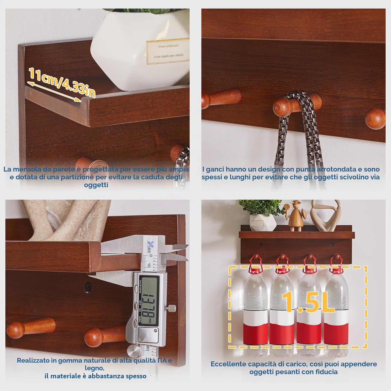 Aibiju Appendiabiti da Parete con Mensola 40 cm, Ganci da Parete in Legno con Contenitore, per Ingresso, Bagno, Cucina, colore Noce YD-WS0240H