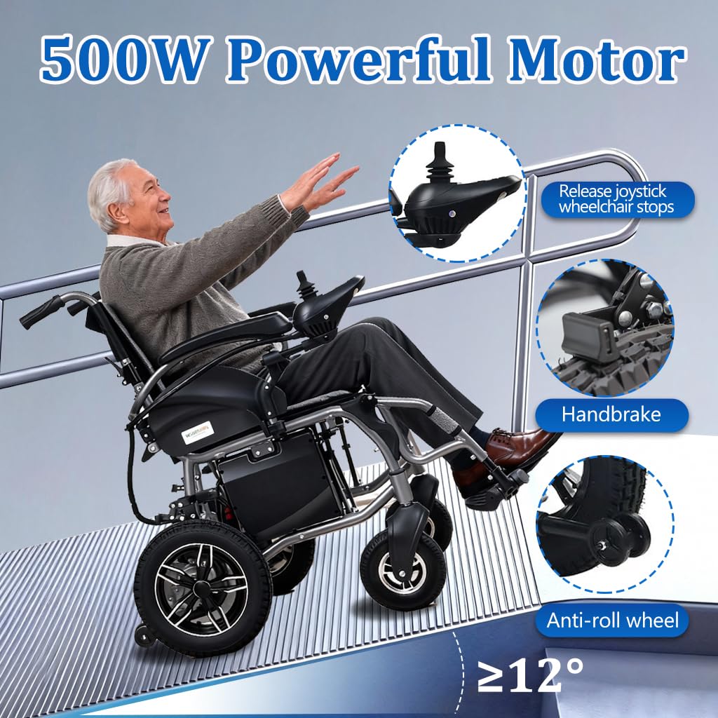 Silla de ruedas eléctrica plegable, alcance de 30km (batería de litio de 24V 20Ah), capacidad de carga de 125 kg, marco de aleación de aluminio ligero de 25kg, para personas mayores