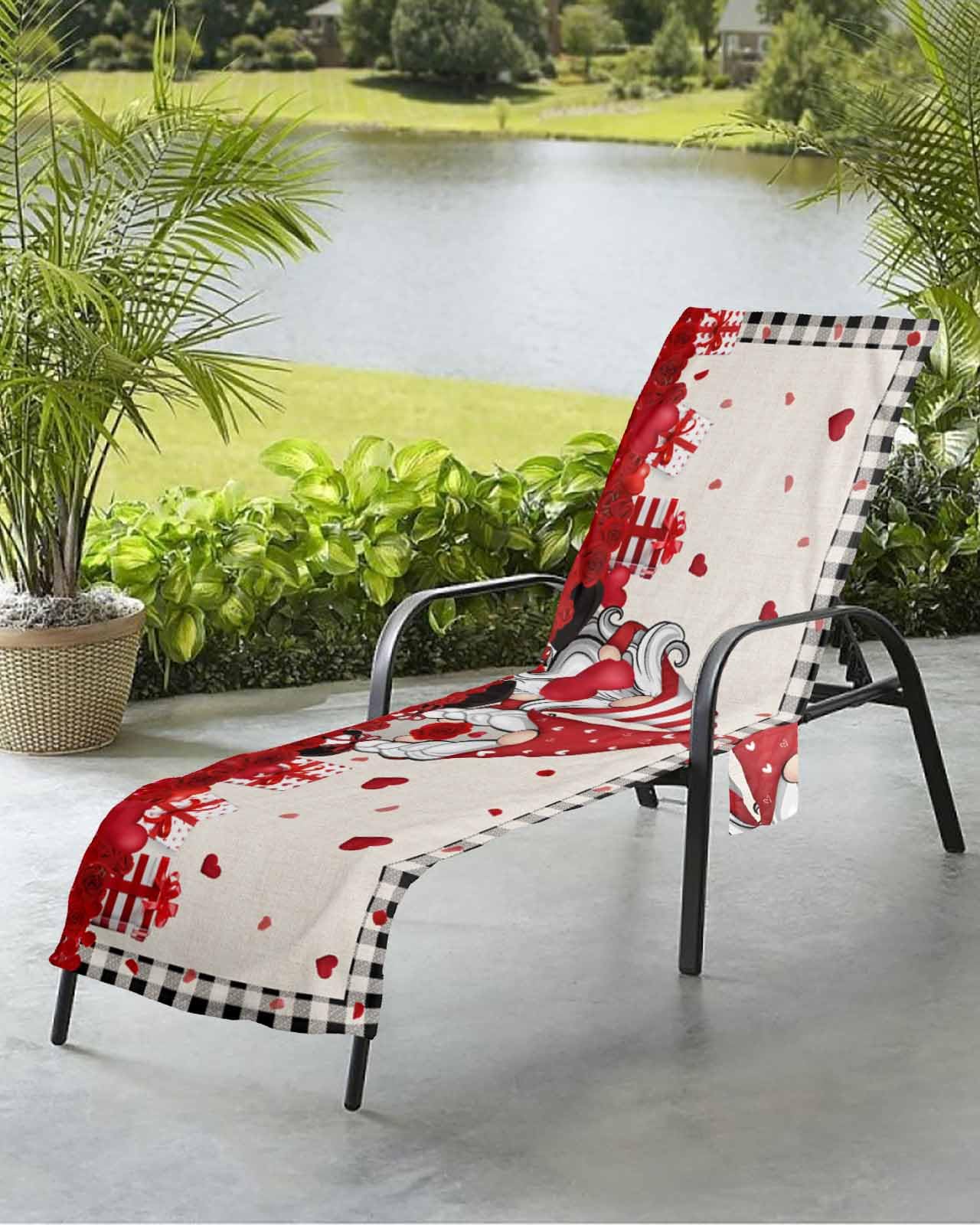 Valentine's Day Beach Chair Towel Covers for Chaise Lounge with Side Pocket, Soft Plush Pool Towels Cover for Patio Sunbathing Outdoor 29''x85'' Buffalo Black Checkered Gnomes Love