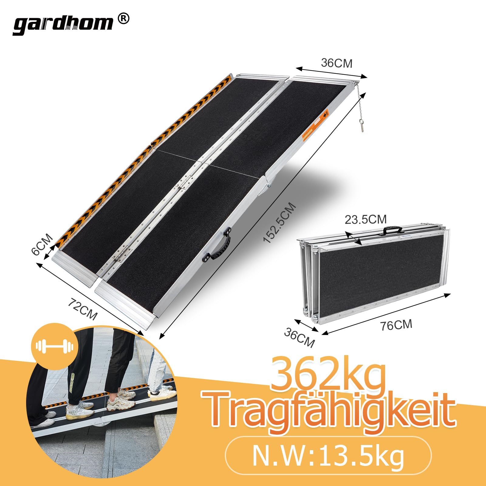 Rollstuhlrampe 152CM, gardhom Max. 362KG Ladekapazität Anti-Rutsch Alu Klapprampe für Rollstuhlfahrer oder Rollator, Schwellenrampe für Heimtreppen Treppen Türen Mobilitätsroller