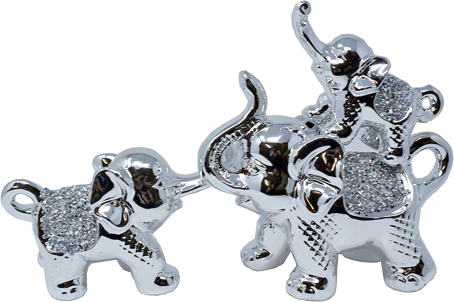 Amazing Gift Silver Sparkle Ornament Bling Crushed Diamond Gift | Crystallized Pair Of 3 Elephant Calf Figurine Statue Celebrating Joy For Home Living Room Decoration, Gift Present For All Occasion