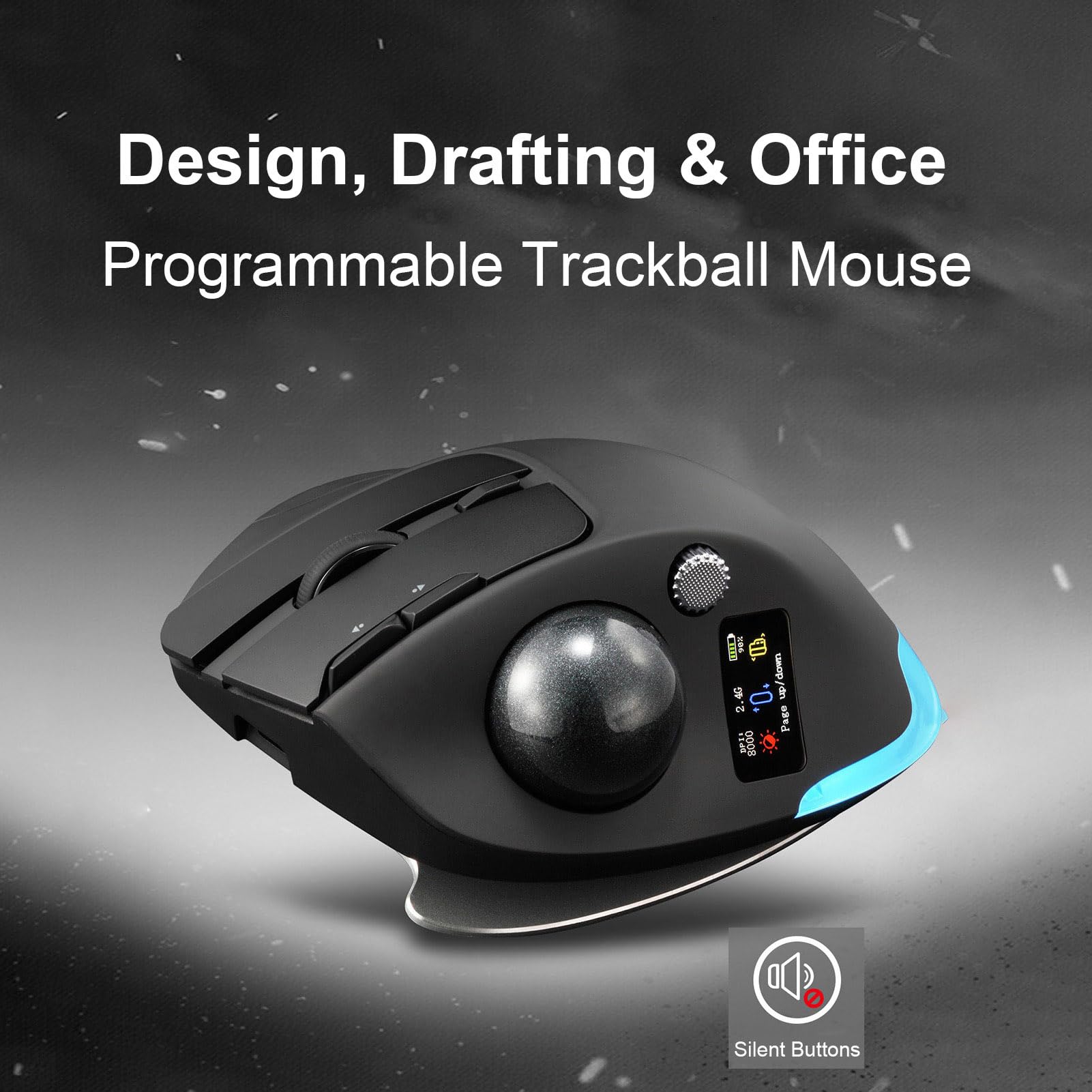 XUMIUZIY Ratón Inalámbrico con Trackball, Mouse Ergonómico, 8000 dpi, 8 Botones, Pantalla LCD a Color, for Oficina y Uso Diario (Black)