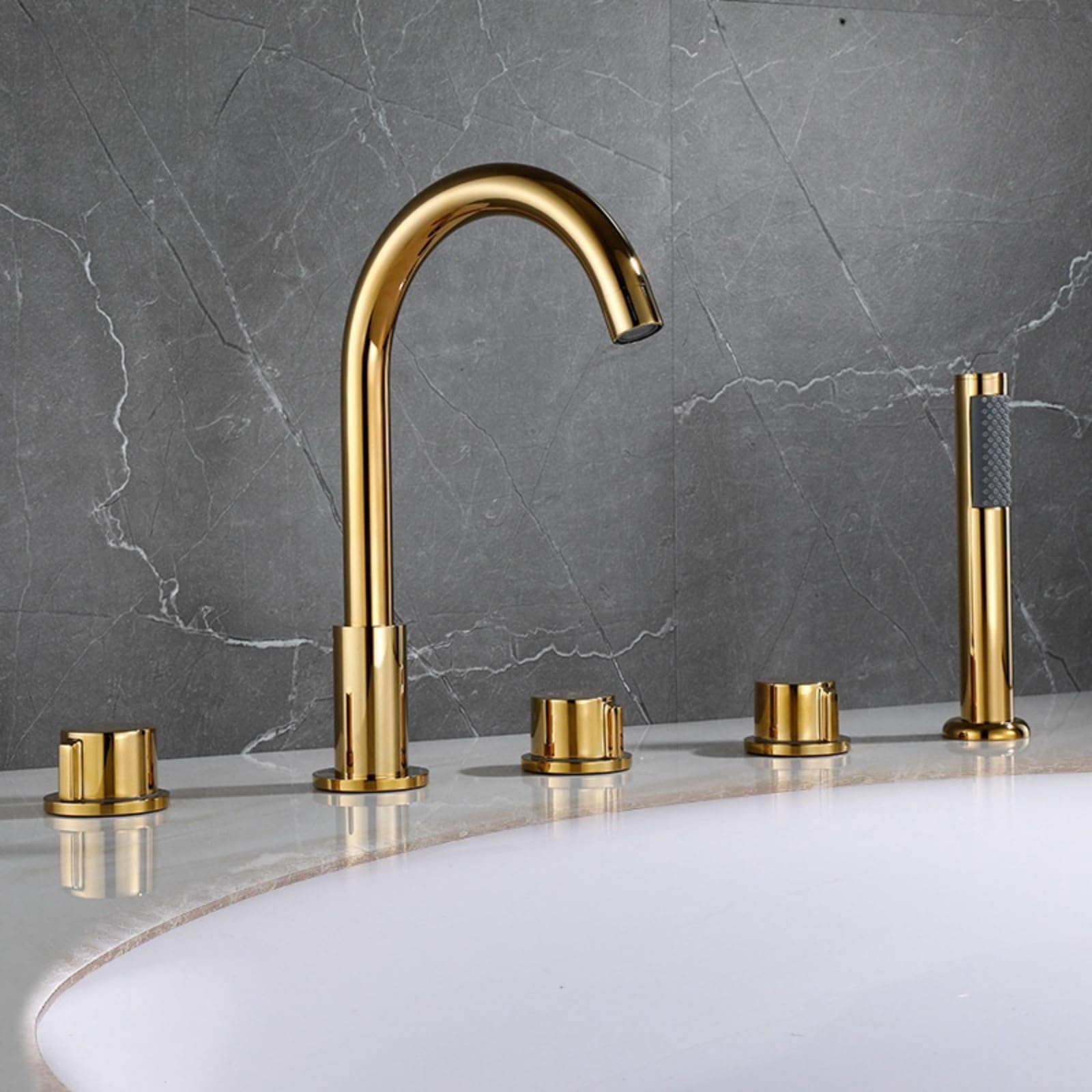 SnamicE 5 Hole Bath Tap Black Bath Mixer Taps with Shower 360 Swivel Spout Double Lever Tap Shower Tap Attachment for Bath,Gold