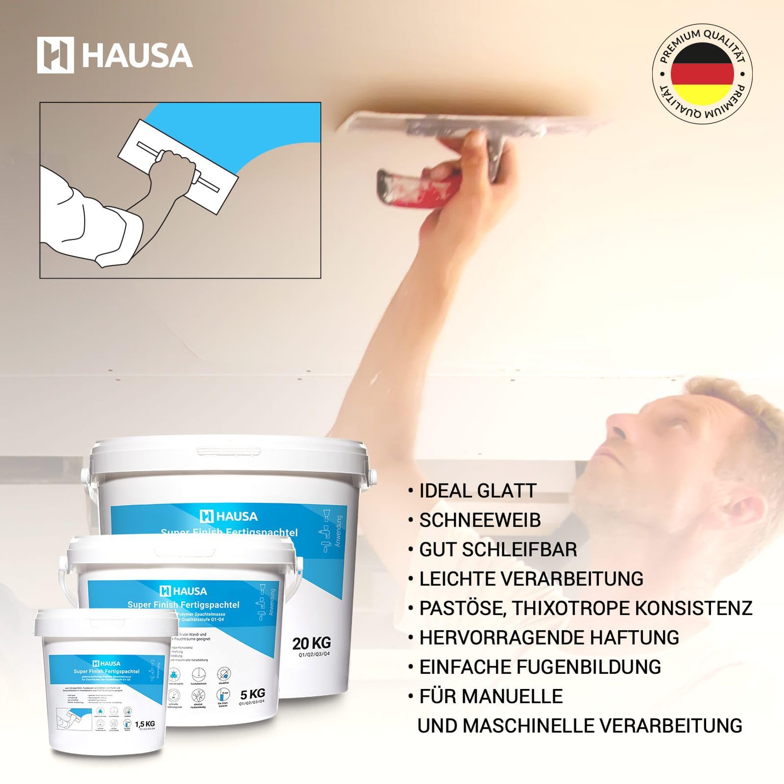 HAUSA Super Finish Enduit prêt à l'emploi pour intérieur - Enduit fin pour cloisons sèches - Blanc 20 kg