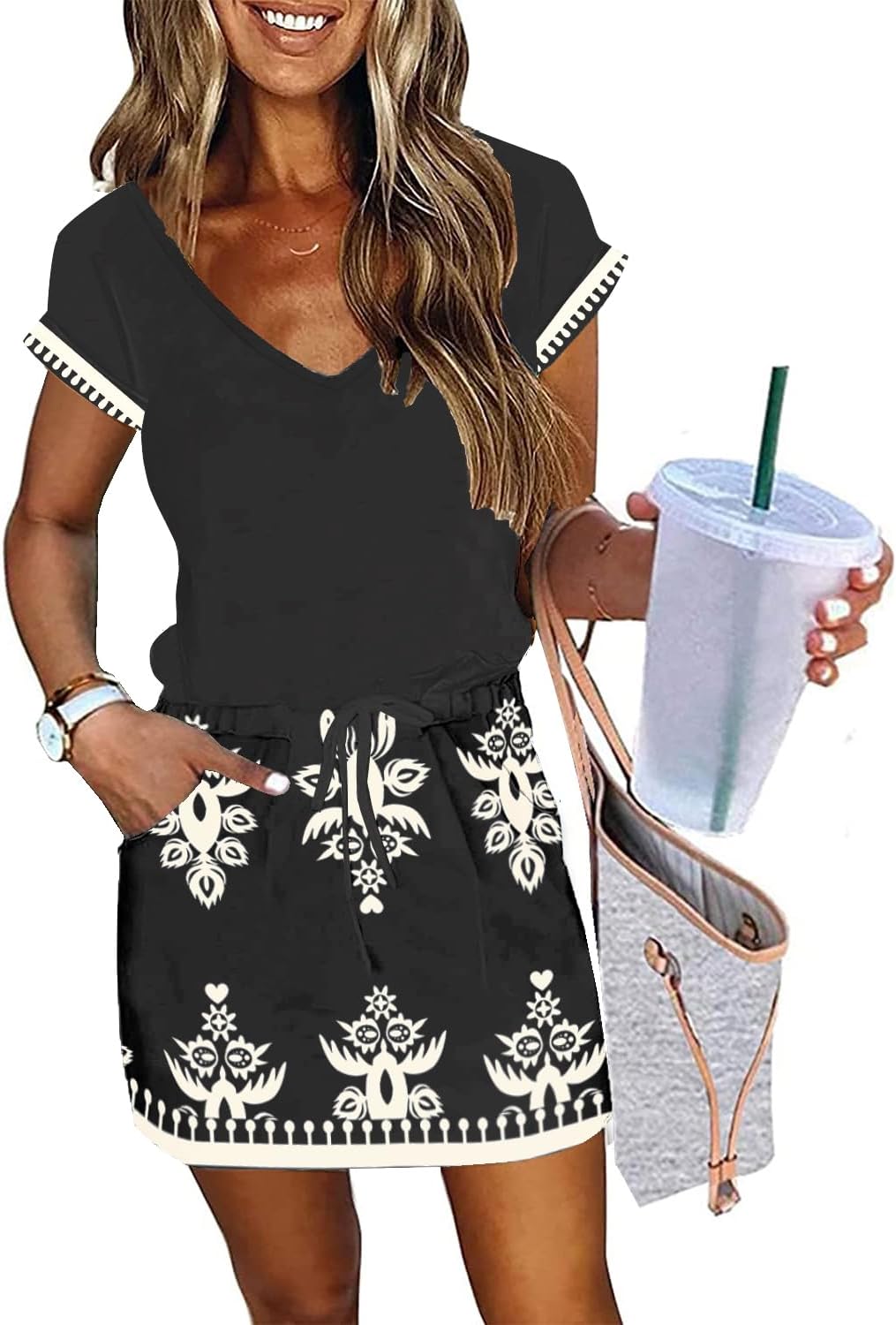 Womens Summer Dress Lantern Sleeve Square Neck Tie Front A-Line Double Layer Hem Mini Dresses