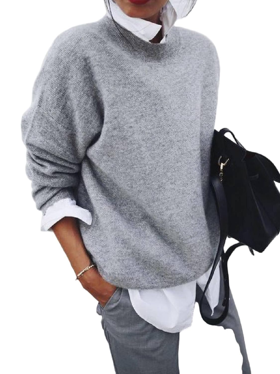 Womens Casual Collared 2 in 1 Pullover Top Solid Color Long Sleeve Vintage Sweaters Lapel Loose Fit Shirt