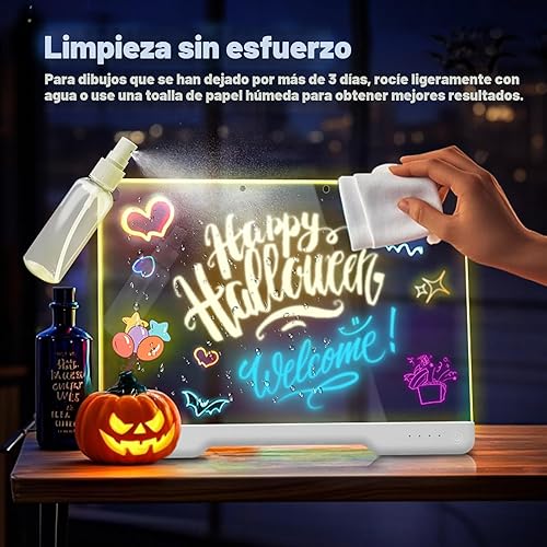 Miniatura 6 de Tablero de notas LED recargable de 16 pulgadas, 7 modos de luz de color, almohadilla de dibujo de borrado en seco de neón con soporte integrado