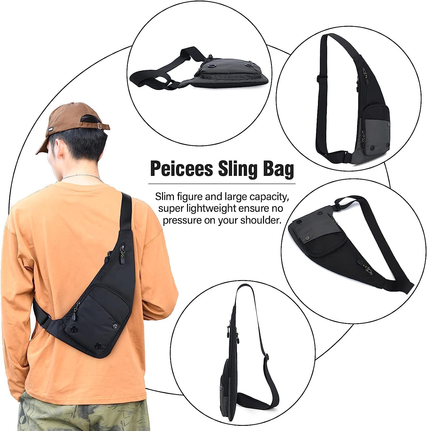 Peicees Waterproof Sling Bag Crossbody Bag For Men Slim Chest Backpack Man Purse Small Shoulder Bag For Travel Hiking - Image 5