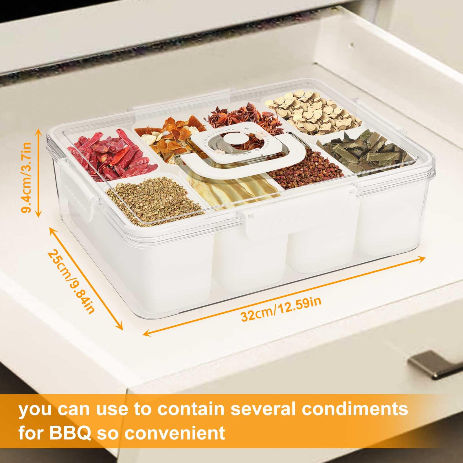 Bandeja de servir dividida con tapa y asa, contenedor portátil para aperitivos con 8 compartimentos extraíbles y temporizador para mayor frescura, ideal para fiestas, camping, viajes y aperitivos