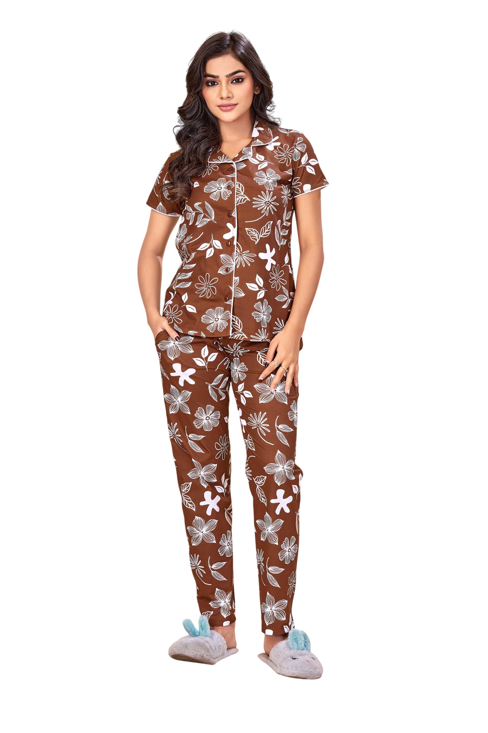 Women's Coffee Brown Floral Printed Night Suit | Half Sleeve Shirt with Full Length Pyjama | Comfortable Sleepwear Lounge Wear Night Dress Co-Ord Set for Women-picture-27