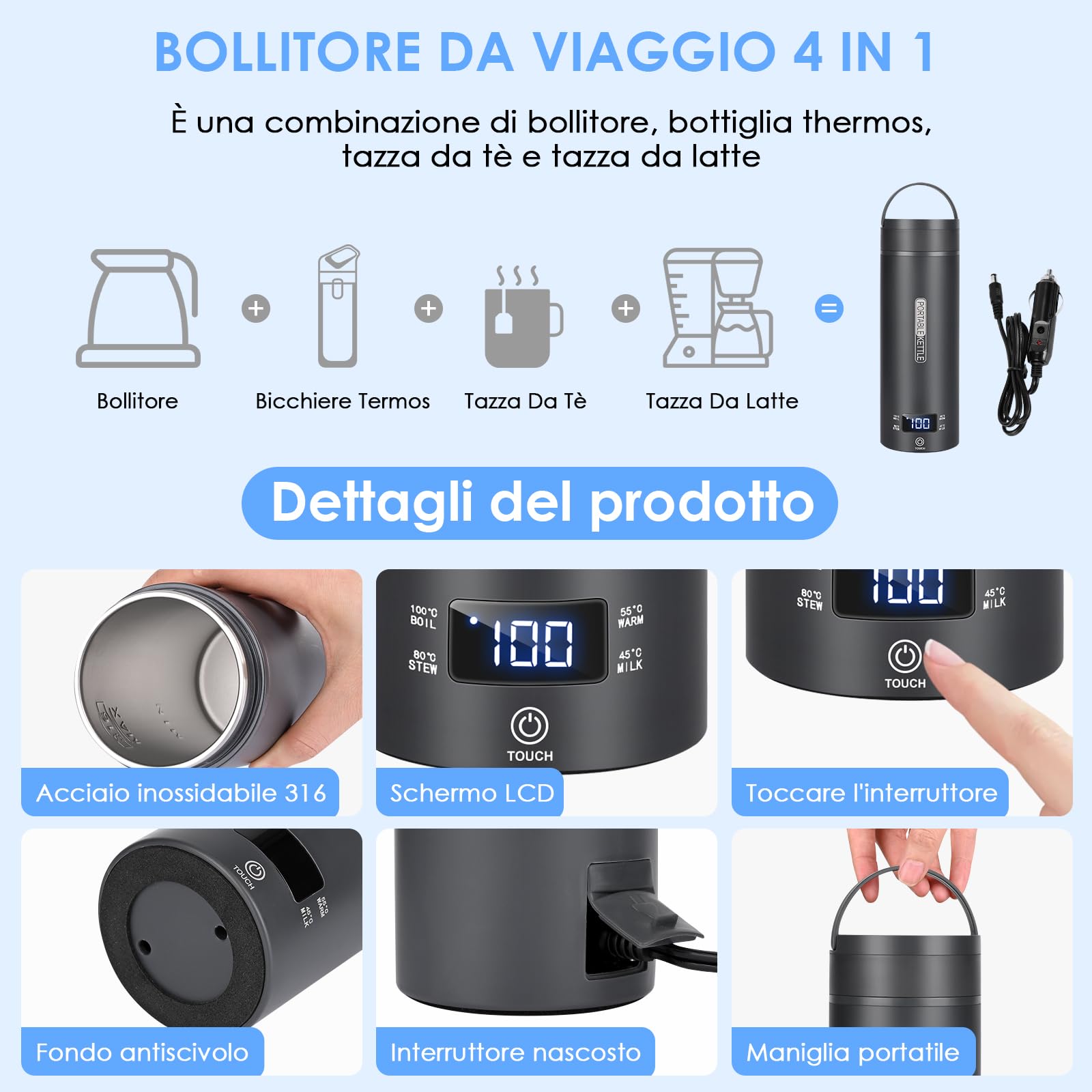Dreamhigh® Bollitore Elettrico Piccolo, 450 ml Bollitore da Viaggio, 96W Bollitore Elettrico Portatile con Temperatura Regolabile per Tè Latte Caffè (45℃/ 55℃/ 80℃/ 100℃) (Auto (12V)) (Nero)