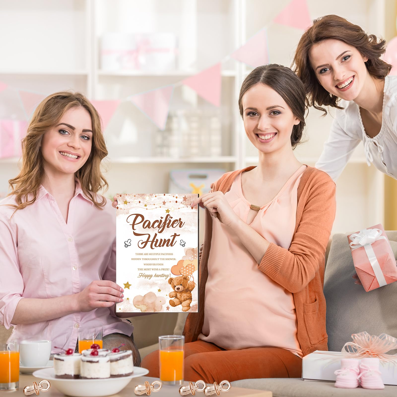Thyle 51 juegos de caza de chupetes para baby shower, incluye letrero de caza de chupetes y 50 chupetes acrílicos para decoración de juegos de baby shower, juegos de regalo, decoración de fiesta de