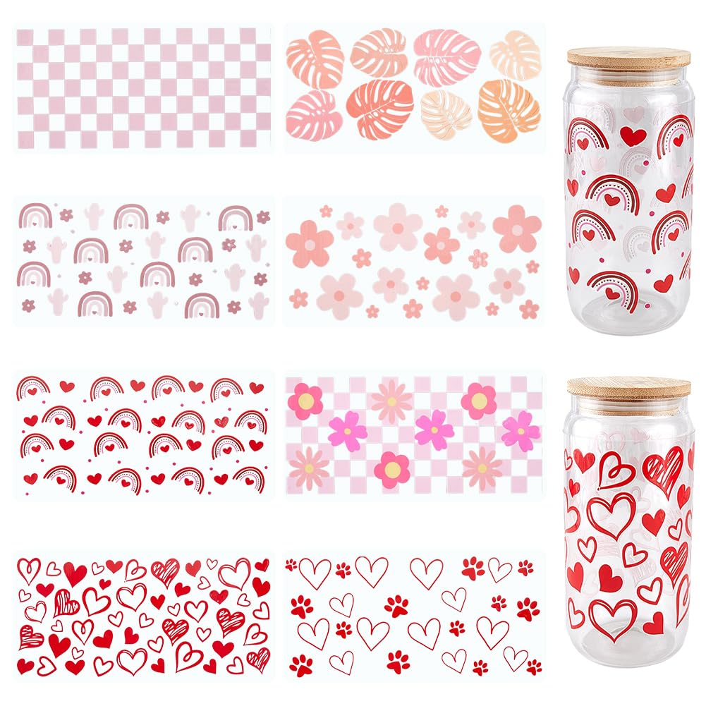 SOFPLATE 8Pcs 8 Styles Glass Cup Stickers Pink UV DTF Cups Wraps Bulk Transparent Plastic Heart Flower Floral Square Footprint Rainbow Cactus Waterproof Decals for Tumblers Wood Decoration DIY Crafts